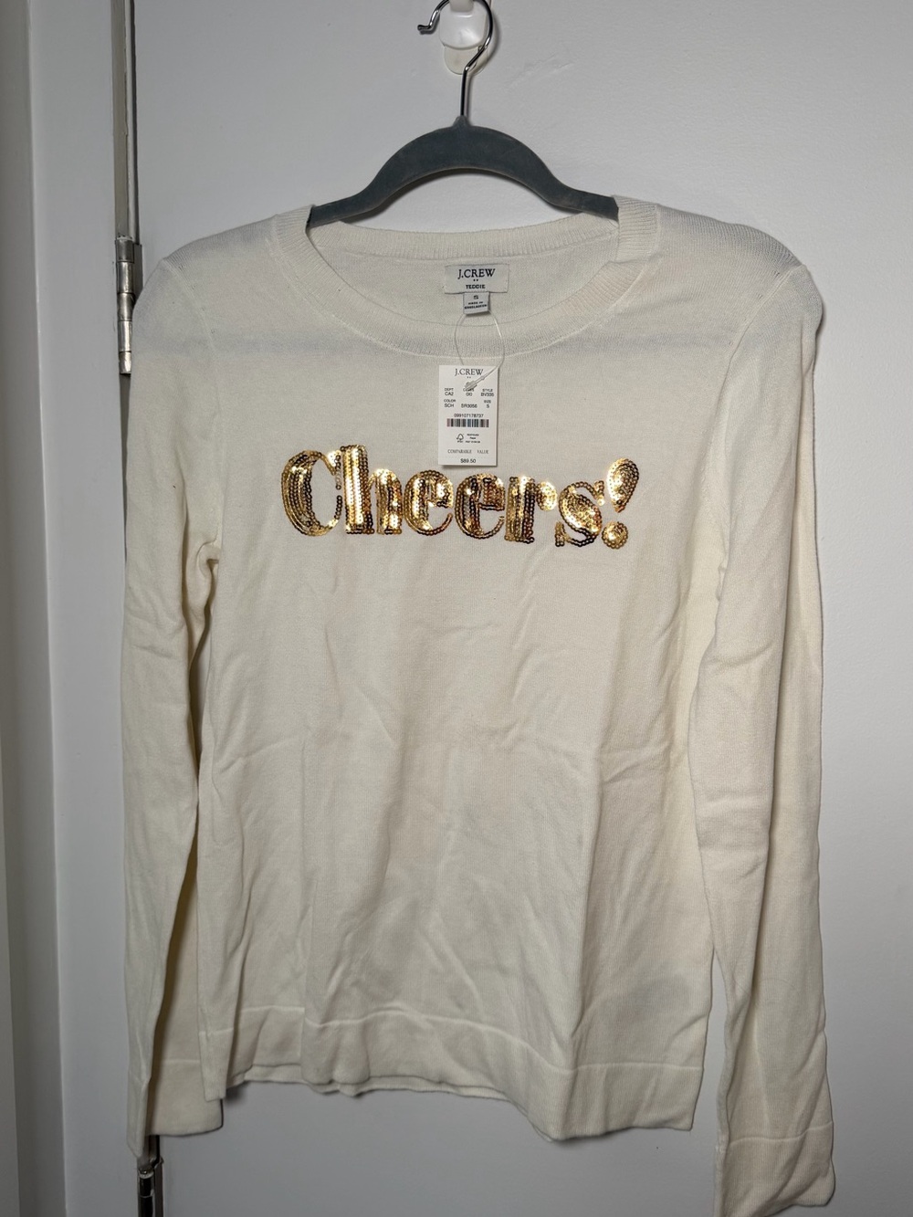 J. Crew Cream Sweater with Gold Sequin Script